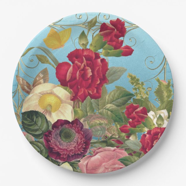 Class Roses Red, Burgandy, Yellow, Teal Backed  Paper Plate (Front)
