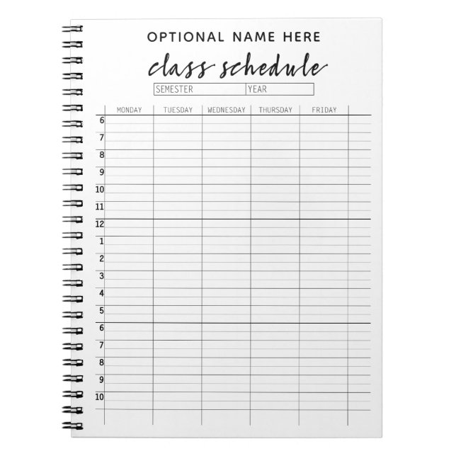 Class Schedule for Semester - black and white Notebook (Front)