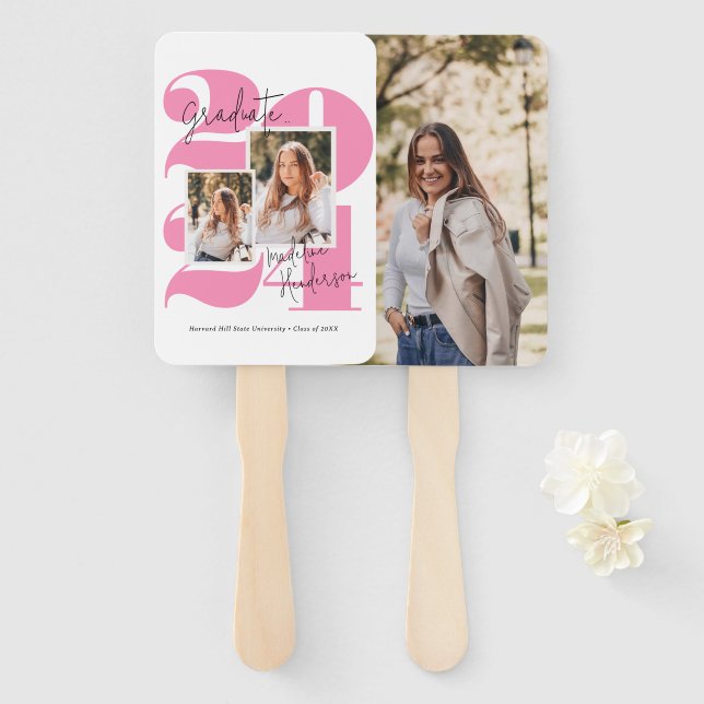 Class Year 3 Photo Collage Hot Pink Graduation Hand Fan (Front and Back)
