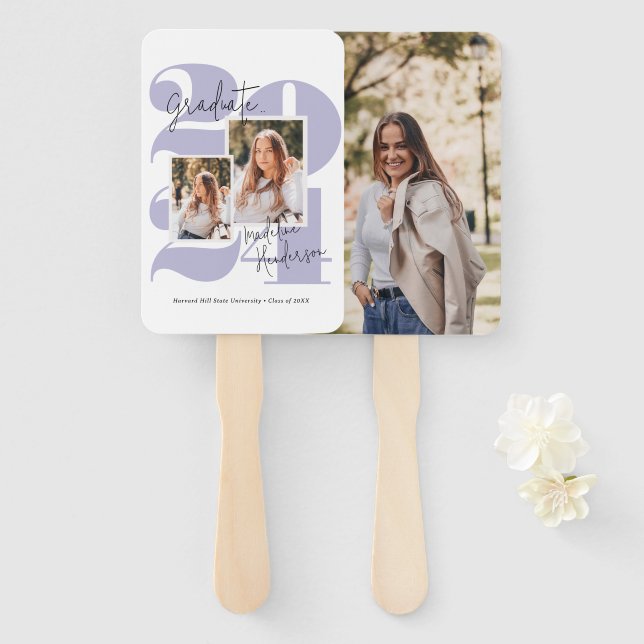 Class Year 3 Photo Collage Purple Graduation Hand Fan (Front and Back)