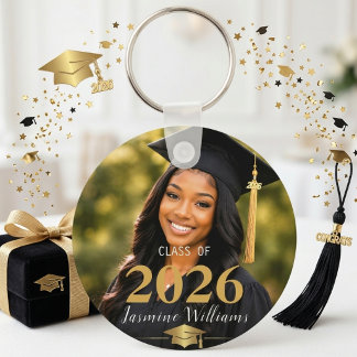 Class Year Black Gold Graduation Portrait Key Ring