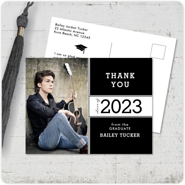 Class Year Black White Photo Graduation Thank You Postcard (Creator Uploaded)