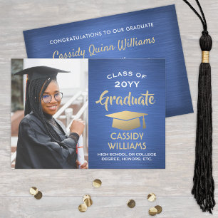 Class Year Brushed Blue and Gold Graduation Photo Invitation