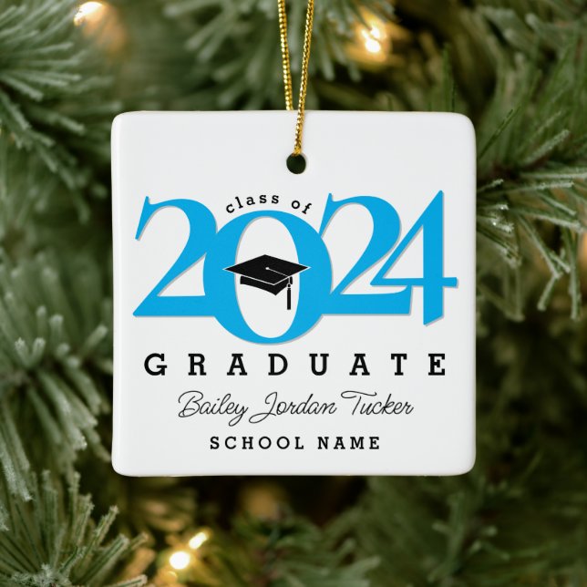 Class Year Cap & Tassel Blue Graduation Keepsake Ceramic Ornament (Tree)