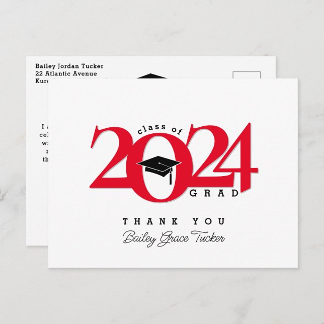 Class Year Grad Tassel Red Graduation Thank You Postcard (Front/Back)