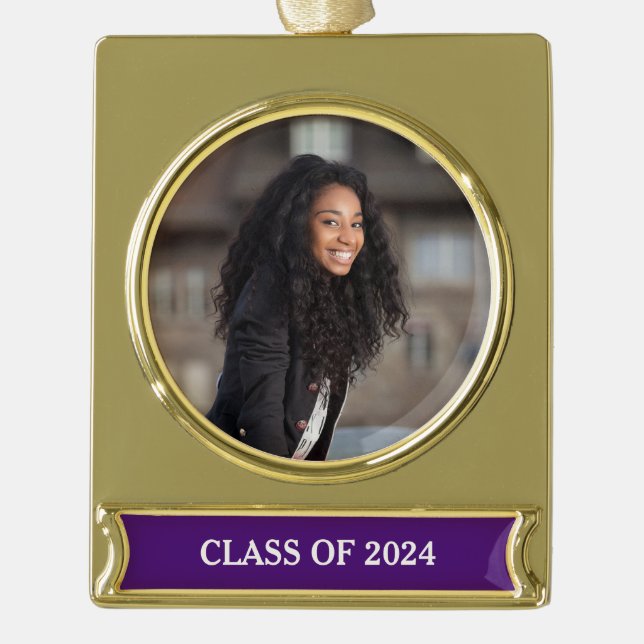 Class Year Graduation Photo Royal Purple Gold Plated Banner Ornament (Front)