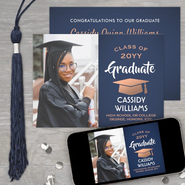 Class Year Navy Blue and Copper Graduation Photo Invitation (Creator Uploaded)