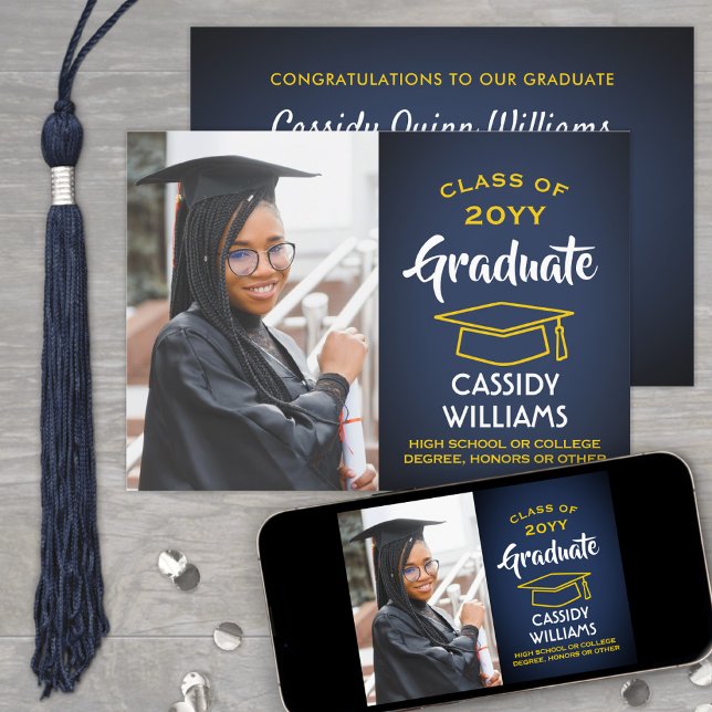 Class Year Navy Blue and Gold Graduation Photo Invitation (Creator Uploaded)