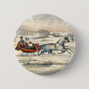 Classic 1853 Sleigh Ride Currier Ives Road Winter 6 Cm Round Badge