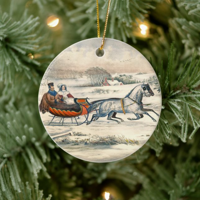 Classic 1853 Sleigh Ride Currier Ives Road Winter Ceramic Tree Decoration (Tree)