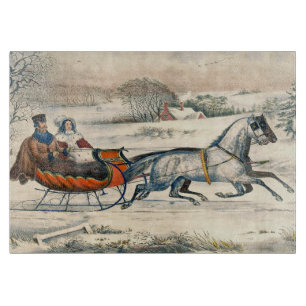 Classic 1853 Sleigh Ride Currier Ives Road Winter Cutting Board
