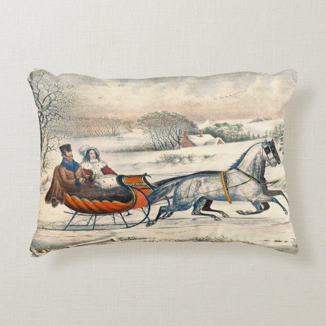 Classic 1853 Sleigh Ride Currier Ives Road Winter Decorative Cushion (Front)