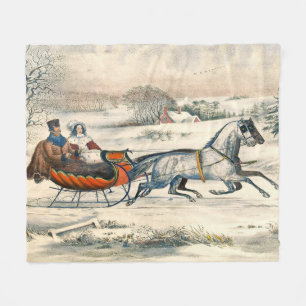 Classic 1853 Sleigh Ride Currier Ives Road Winter Fleece Blanket