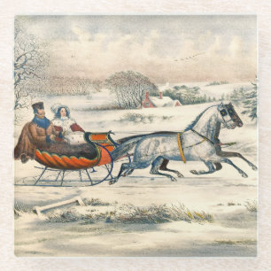 Classic 1853 Sleigh Ride Currier Ives Road Winter Glass Coaster