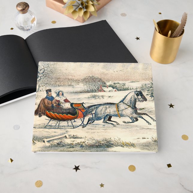 Classic 1853 Sleigh Ride Currier Ives Road Winter Guest Book (Front Open)