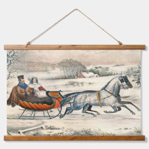 Classic 1853 Sleigh Ride Currier Ives Road Winter Hanging Tapestry