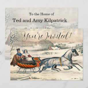 Classic 1853 Sleigh Ride Currier Ives Road Winter Invitation