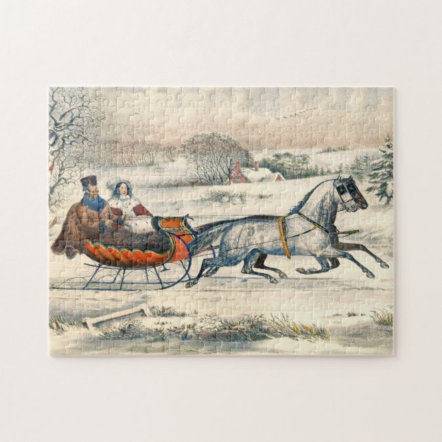 Classic 1853 Sleigh Ride Currier Ives Road Winter Jigsaw Puzzle (Horizontal)