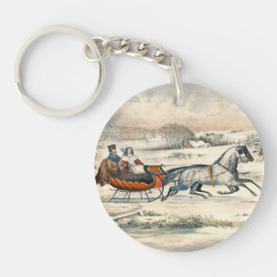 Classic 1853 Sleigh Ride Currier Ives Road Winter Key Ring
