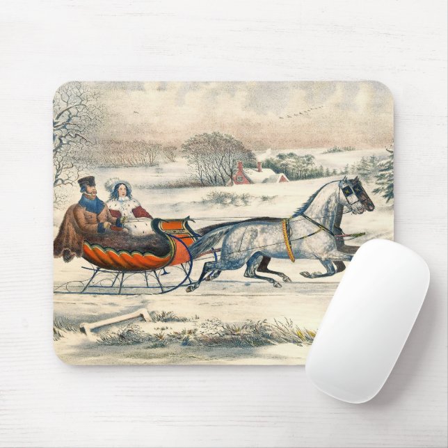 Classic 1853 Sleigh Ride Currier Ives Road Winter Mouse Mat (With Mouse)