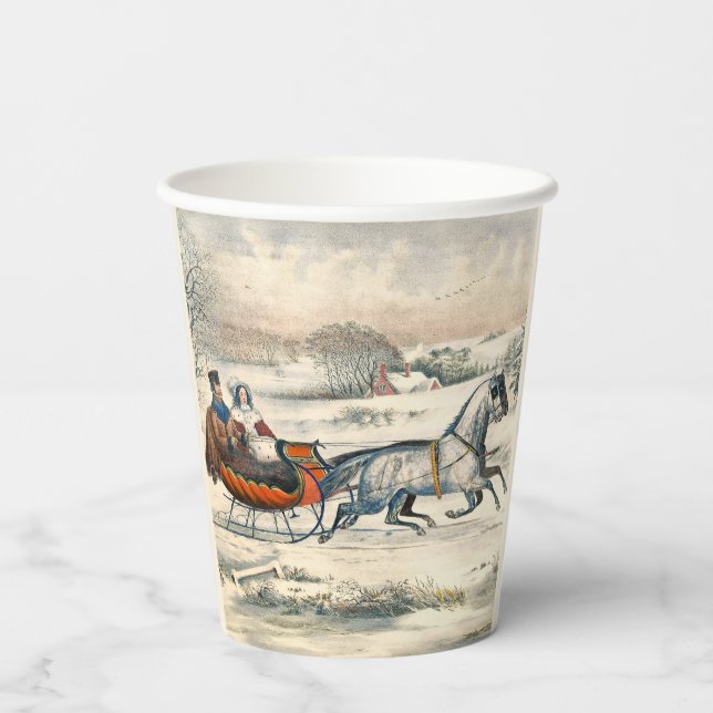 Classic 1853 Sleigh Ride Currier Ives Road Winter Paper Cups (Back)