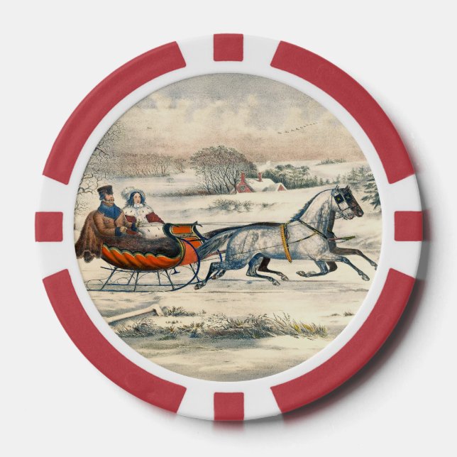 Classic 1853 Sleigh Ride Currier Ives Road Winter Poker Chips (Front)