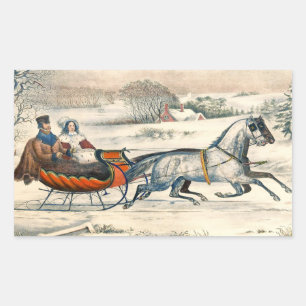 Classic 1853 Sleigh Ride Currier Ives Road Winter Rectangular Sticker