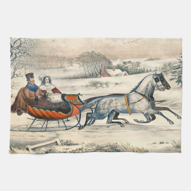 Classic 1853 Sleigh Ride Currier Ives Road Winter Tea Towel (Horizontal)