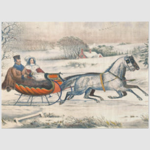 Classic 1853 Sleigh Ride Currier Ives Road Winter Tissue Paper
