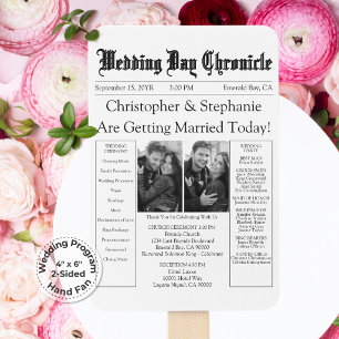 Classic 2 Photo QR Code Newspaper Wedding Program Hand Fan