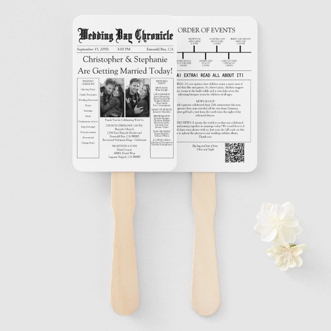 Classic 2 Photo QR Code Newspaper Wedding Program Hand Fan (Front and Back)