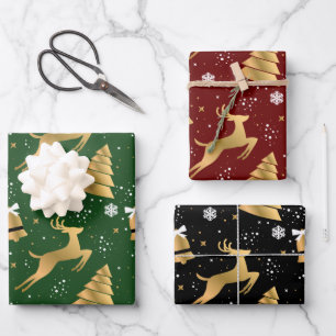 Classic 3 Colour Gold Christmas Reindeer Pattern  Wrapping Paper Sheet