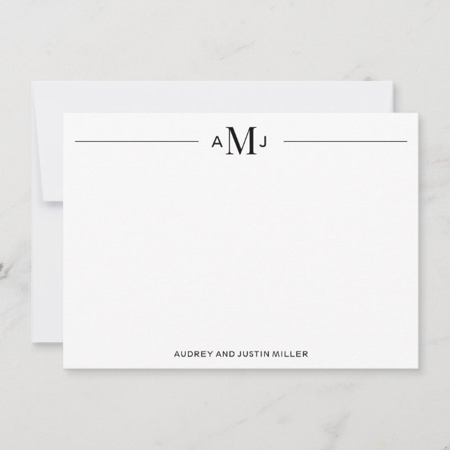 Classic 3-Letter Monogram, Black Personalised Flat Card (Front)