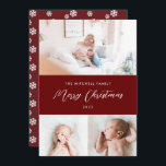 Classic 3 Photo Snowflakes in Burgundy christmas Holiday Card<br><div class="desc">Simple but elegant layout with editable greeting and colours. Backer pattern is optional.</div>