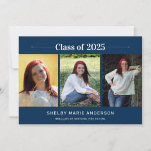 Classic 3 Photos Blue Graduation Party Invitation