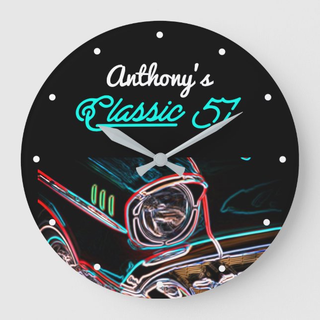 Classic 57 Chevy Neon Effect Script Black Retro Large Clock (Front)