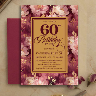Classic 60th Birthday Deep Red Blush Gold Invites
