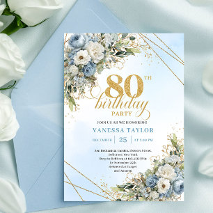 Classic 80th Birthday Elegant Dusty Blue Gold Invitation