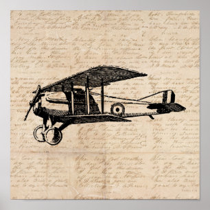 Classic Aeroplane Antique Aviation Art Script Pape Poster