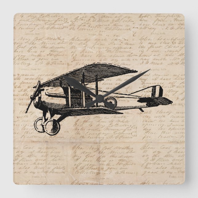 Classic Airplane Antique Aviation Art Script Paper Square Wall Clock (Front)