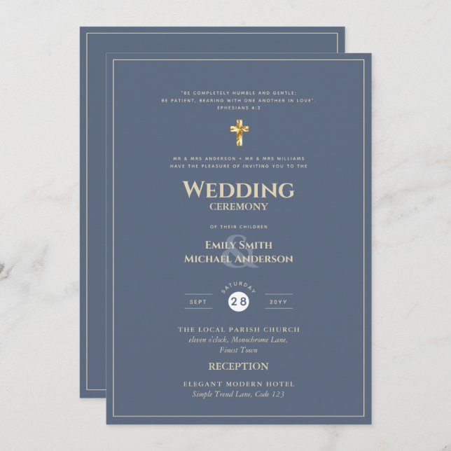 CLASSIC All-in-1 Dusty Blue Gold Catholic Wedding Invitation (Front/Back)