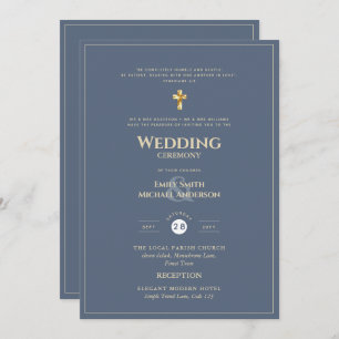 CLASSIC All-in-1 Dusty Blue Gold Catholic Wedding Invitation