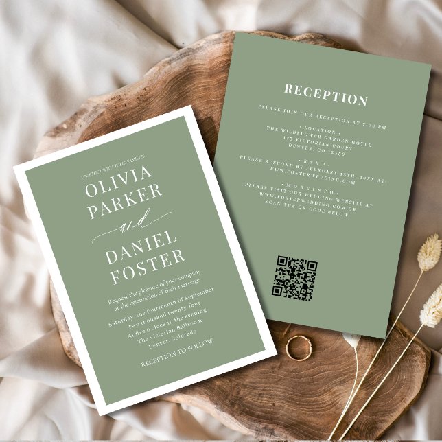 Classic All in One Sage Green QR Code Wedding Invitation (Creator Uploaded)