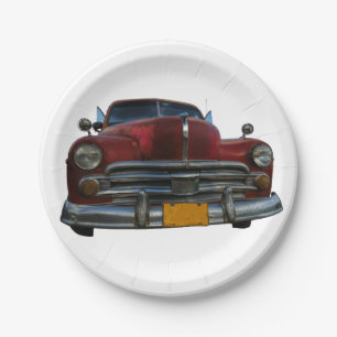 Classic American car in Vinales, Cuba Paper Plate