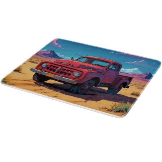 Classic American Pickup  Cutting Board (Retro Red Pickup Truck glass cutting board hand-pressed tempered glass five different sizes.)