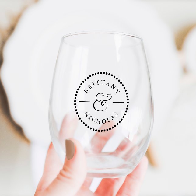 Classic Ampersand Dot Border Personalised Wedding Stemless Wine Glass (Creator Uploaded)