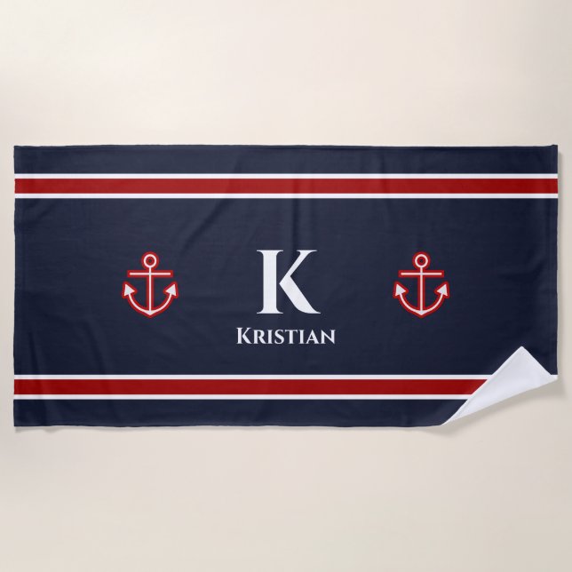 Classic Anchor Nautical Red White Blue Monogram Beach Towel (Front)