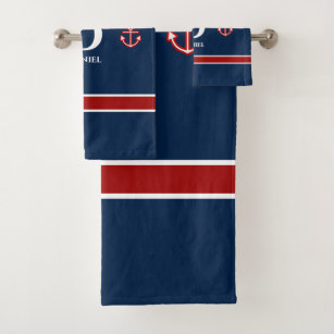 Classic Anchor Nautical Red White Blue Stripes Bath Towel Set