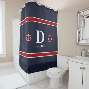 Classic Anchor Nautical Red White Blue Stripes Shower Curtain
