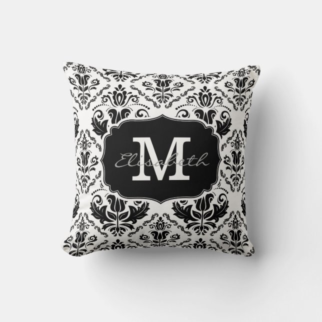 Classic and Chic Black White Damask Monogram Name Cushion (Front)